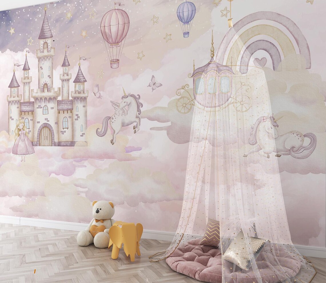 Tek Parça Kumaş Tekstil - Sihirli Pembe Prenses Şatosu ve Unicorn Bebek & Çocuk Odası Duvar Kağıdı