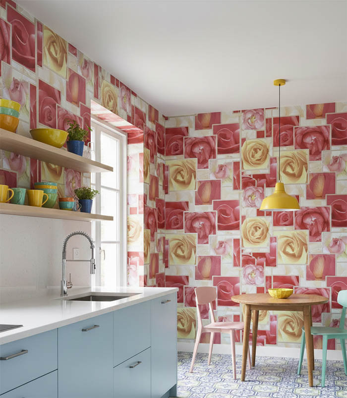 Turuncu Çiçek Desen Ucuz Duvar Kağıdı 53006