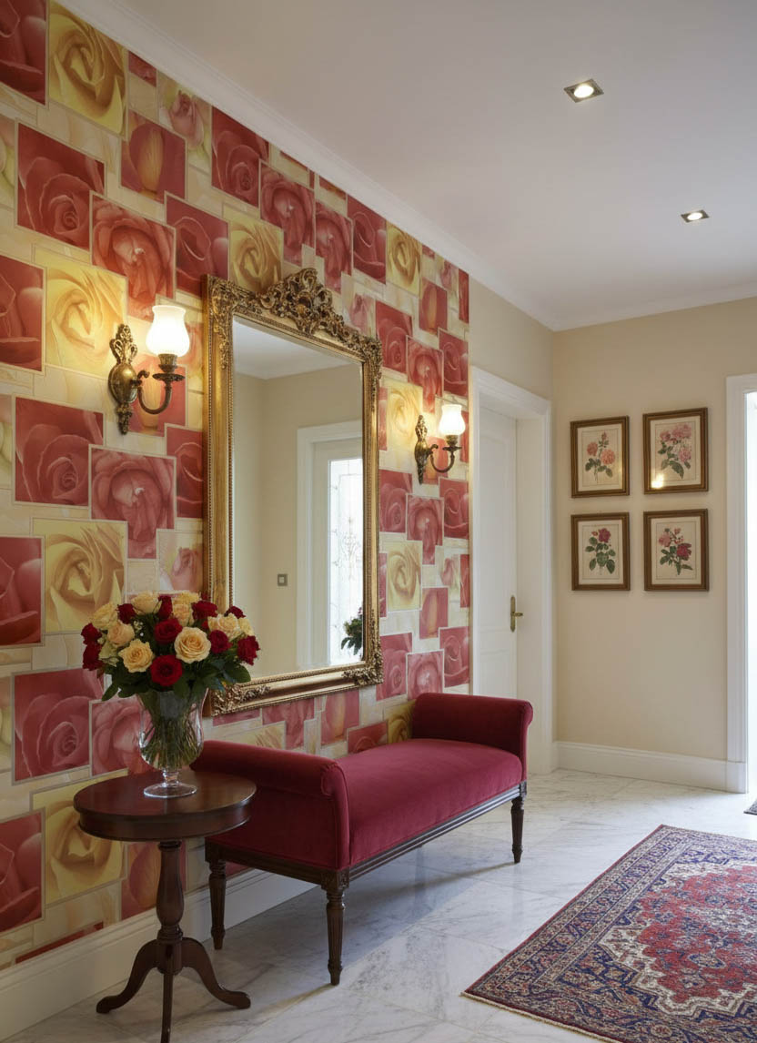 Turuncu Çiçek Desen Ucuz Duvar Kağıdı 53006