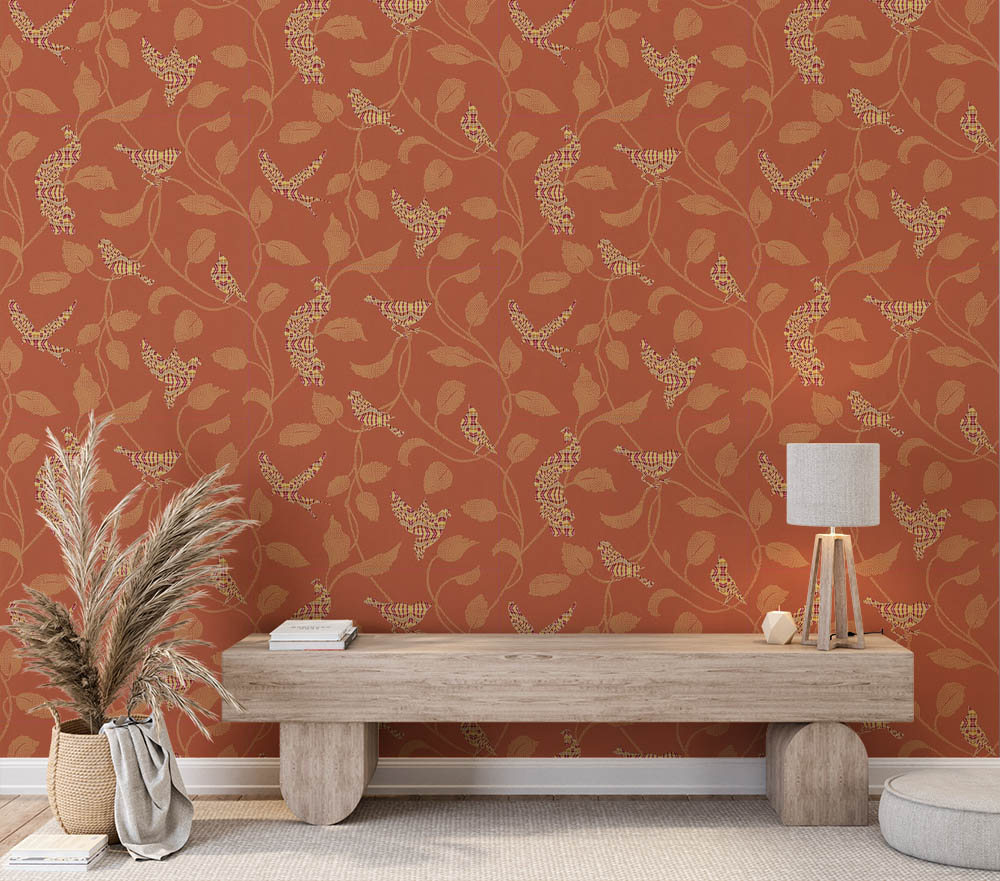 Turuncu Dallı Çiçekli Kuşlu Duvar Kağıdı 53081