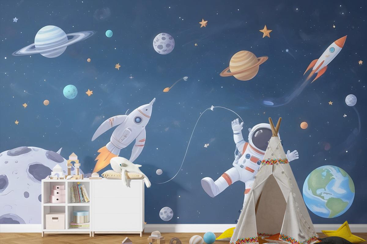 Uzay Gemisi Ve Astronotlu Çocuklar Suluboya Alanı Çocuk Odası Duvar Kağıdı