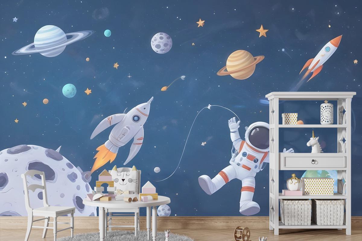 Uzay Gemisi Ve Astronotlu Çocuklar Suluboya Alanı Çocuk Odası Duvar Kağıdı