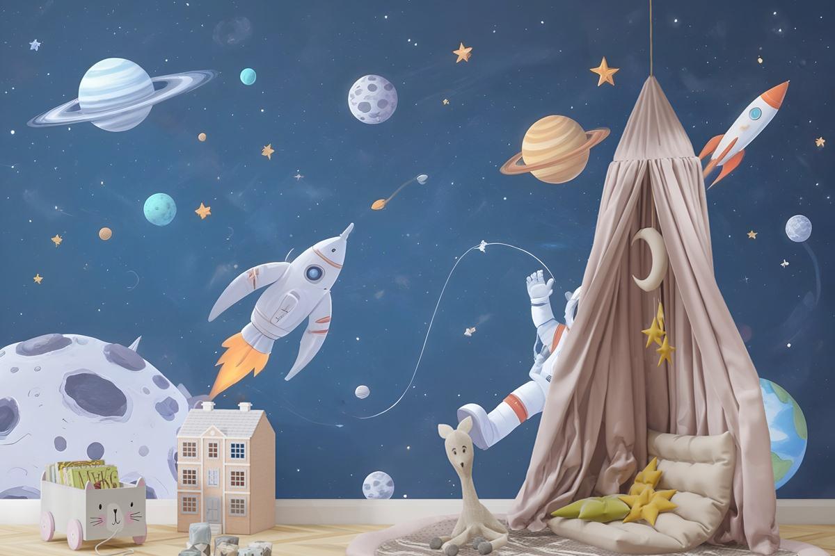 Uzay Gemisi Ve Astronotlu Çocuklar Suluboya Alanı Çocuk Odası Duvar Kağıdı