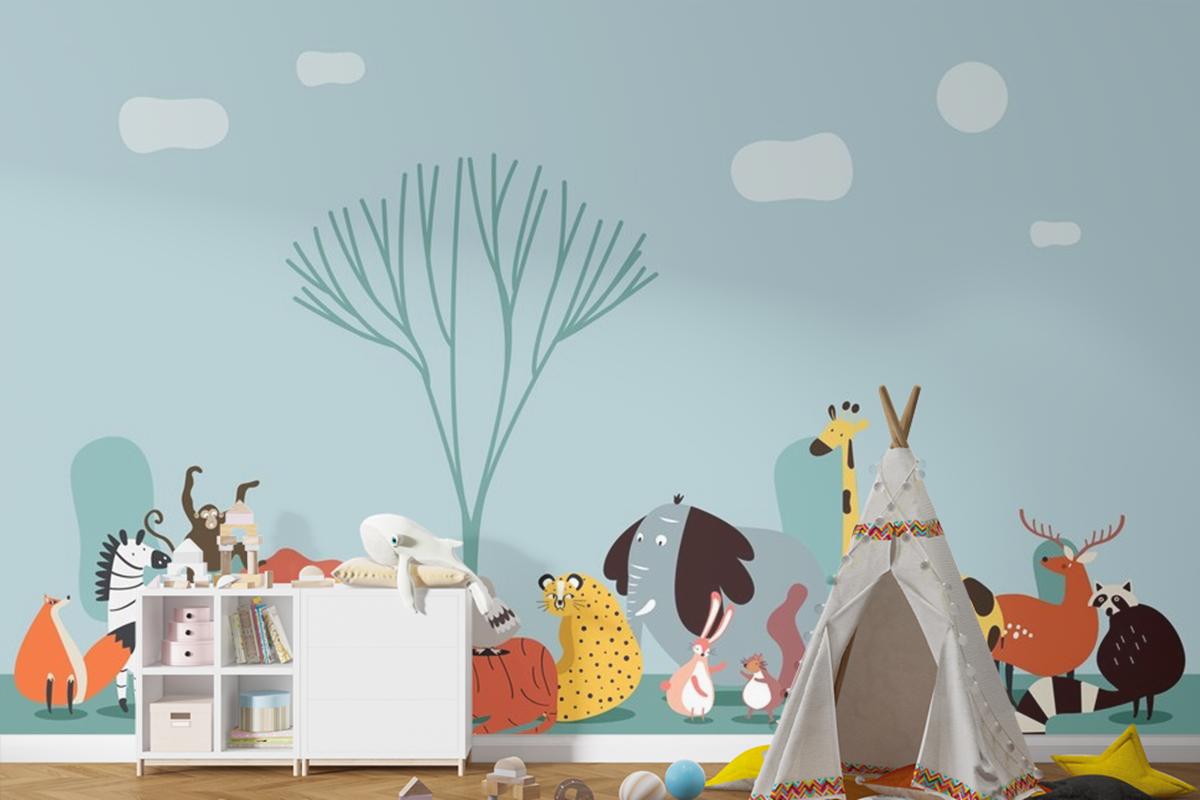 Vahşi Hayvanların Sevimli Grubu Çocuk Odası Duvar Kağıdı