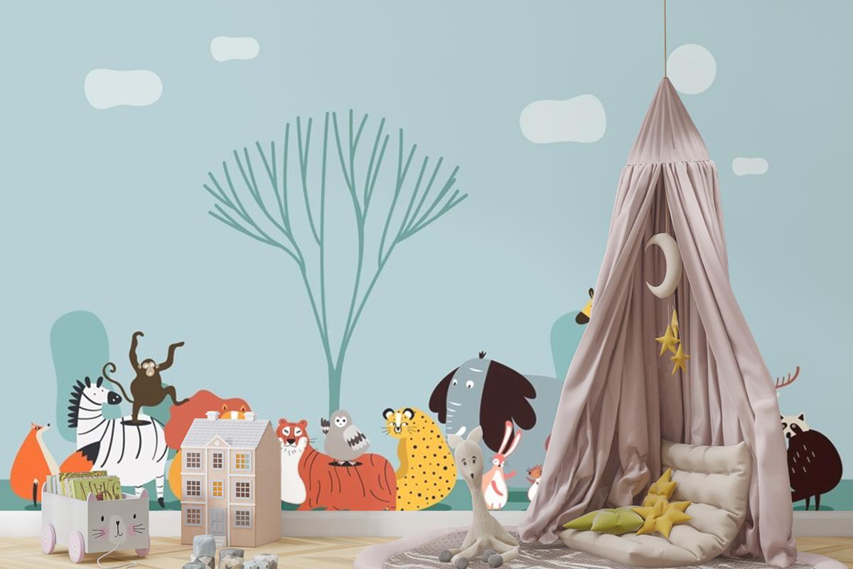 Vahşi Hayvanların Sevimli Grubu Çocuk Odası Duvar Kağıdı