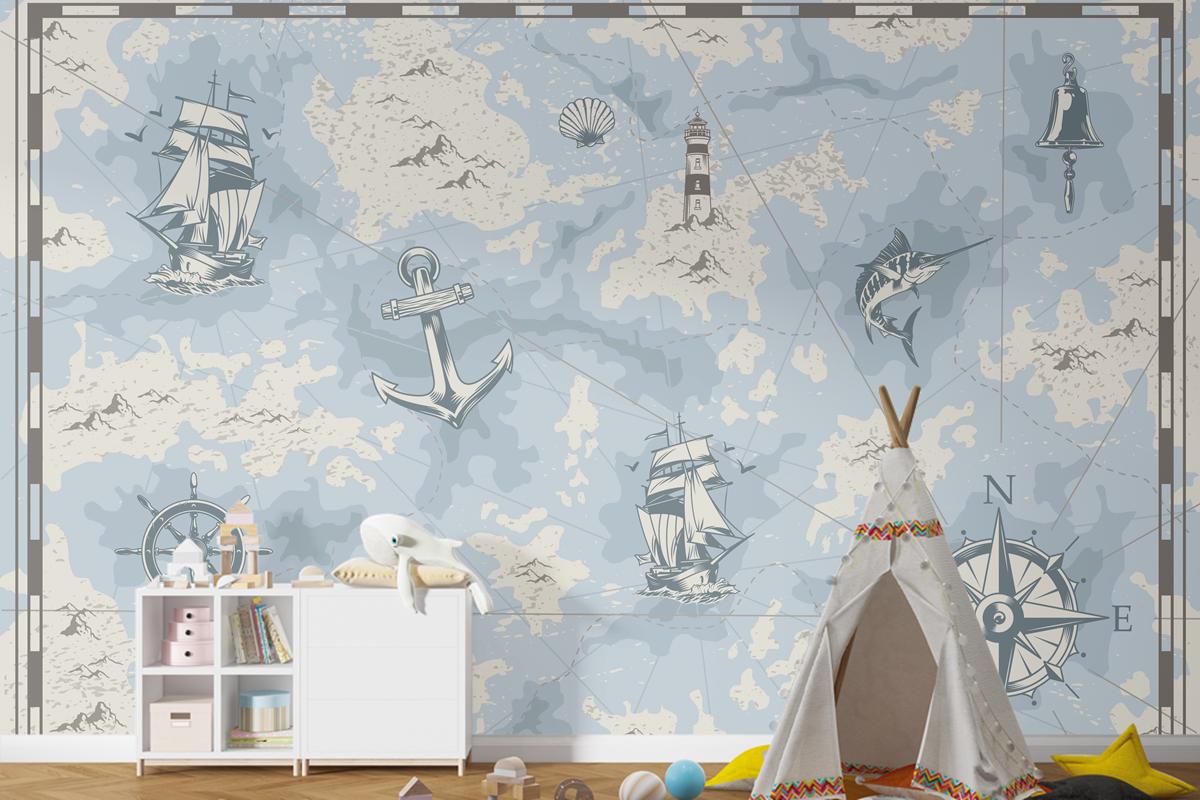 Vintage Denizcilik Eski Harita Çocuk Odası Duvar Kağıdı 