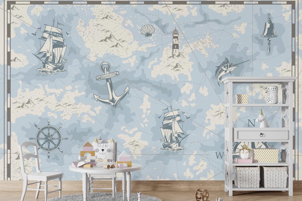 Vintage Denizcilik Eski Harita Çocuk Odası Duvar Kağıdı 