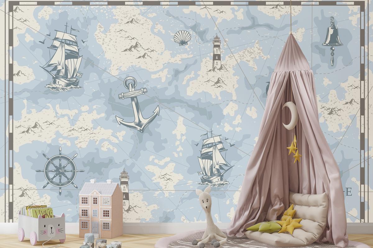 Vintage Denizcilik Eski Harita Çocuk Odası Duvar Kağıdı 