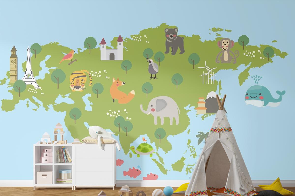 Yaban Hayatı Habitatlarının Çizim Stili Seti Çocuk Odası Duvar Kağıdı