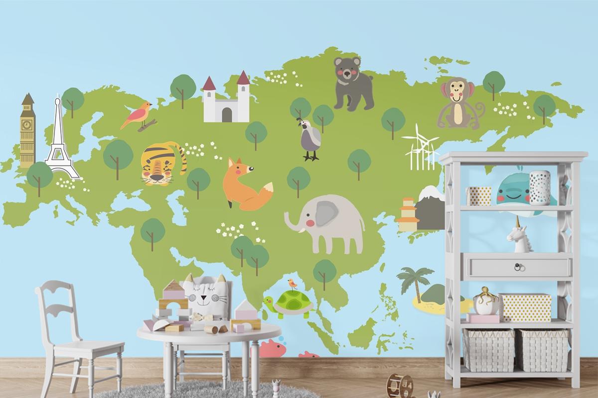 Yaban Hayatı Habitatlarının Çizim Stili Seti Çocuk Odası Duvar Kağıdı