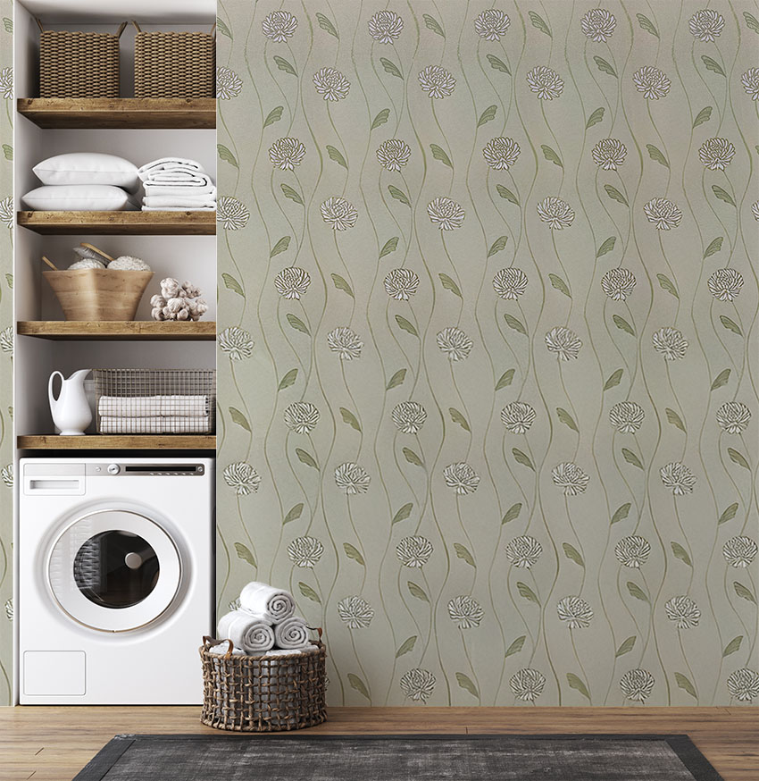 Yeşil Çiçekli Hafif Simli Duvar Kağıdı 670219