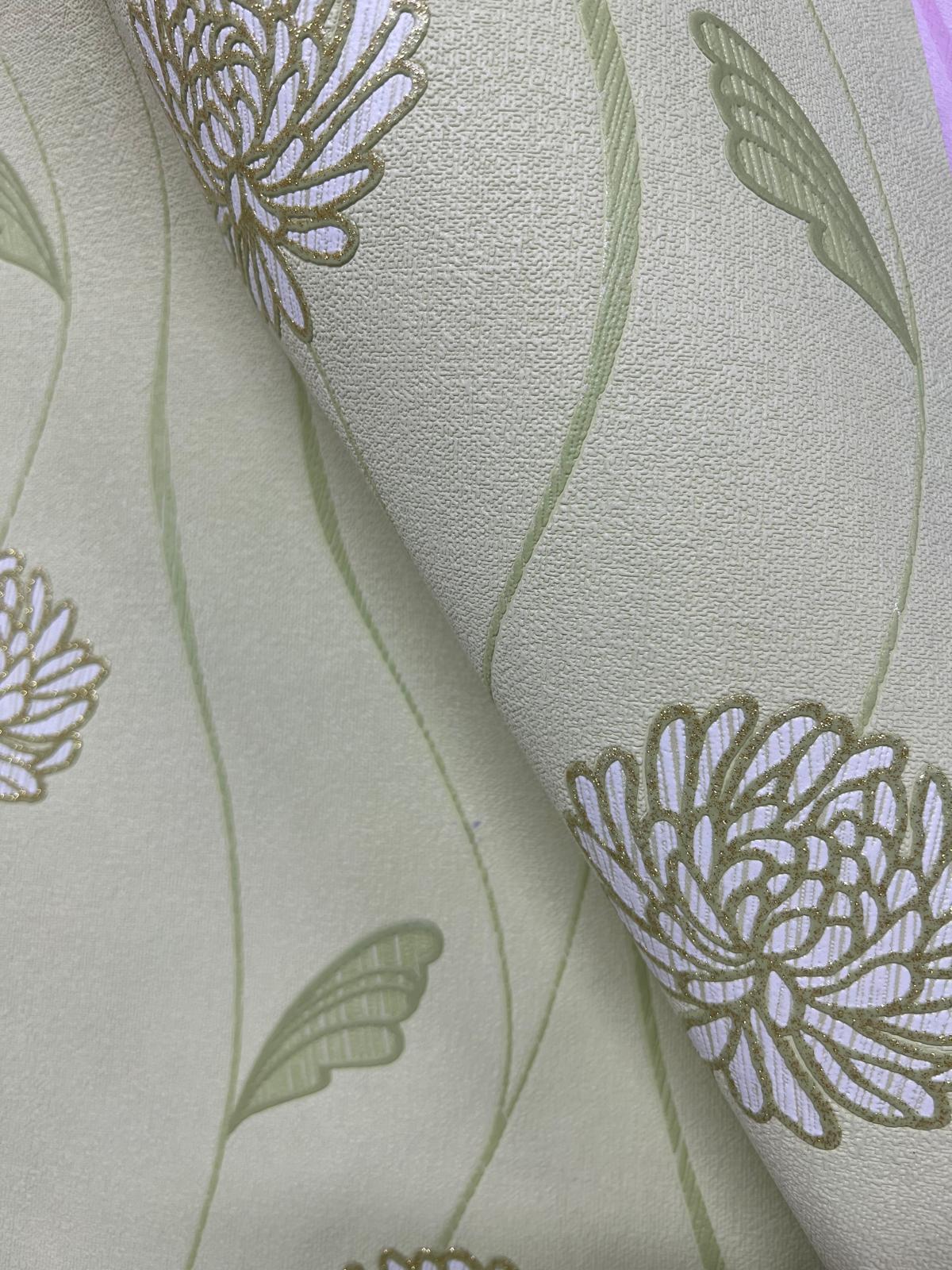 Yeşil Çiçekli Hafif Simli Duvar Kağıdı 670219