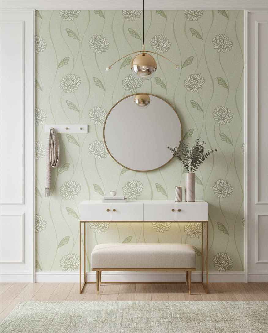 Yeşil Çiçekli Hafif Simli Duvar Kağıdı 670219