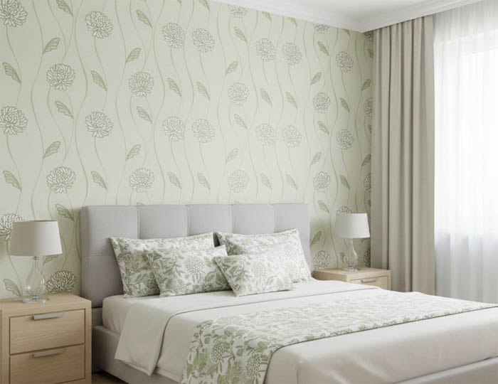 Yeşil Çiçekli Hafif Simli Duvar Kağıdı 670219