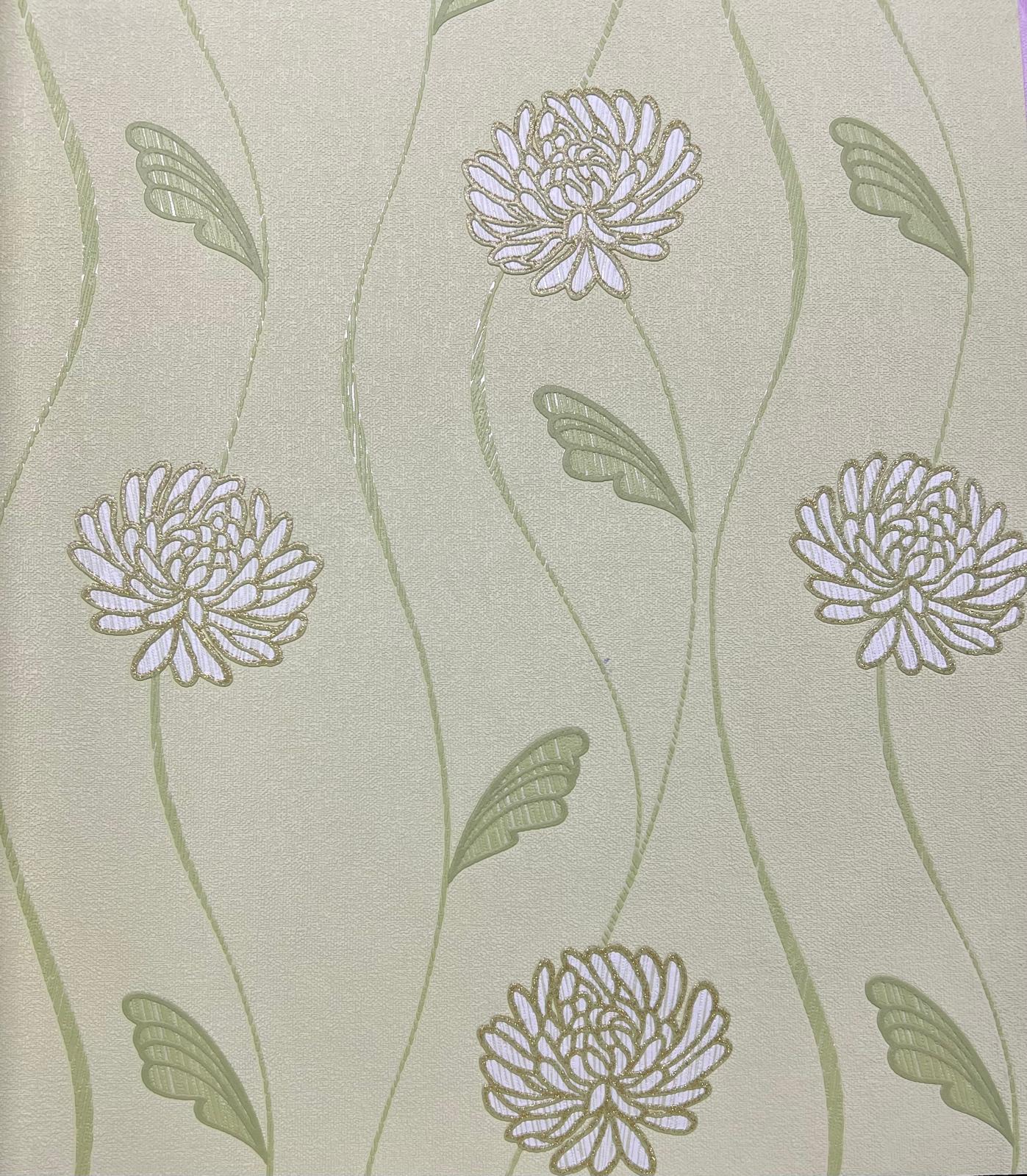 Yeşil Çiçekli Hafif Simli Duvar Kağıdı 670219