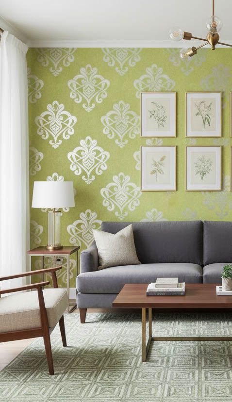 Yeşil Damask Desen Dokulu Ucuz Duvar Kağıdı 762136