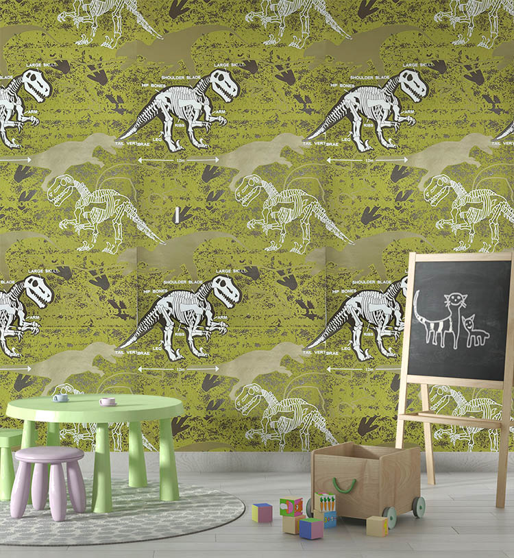 Yeşil Dinozor Desenli Dokulu Ucuz Çocuk Odası Duvar Kağıdı 53152
