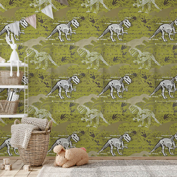 Yeşil Dinozor Desenli Dokulu Ucuz Çocuk Odası Duvar Kağıdı 53152