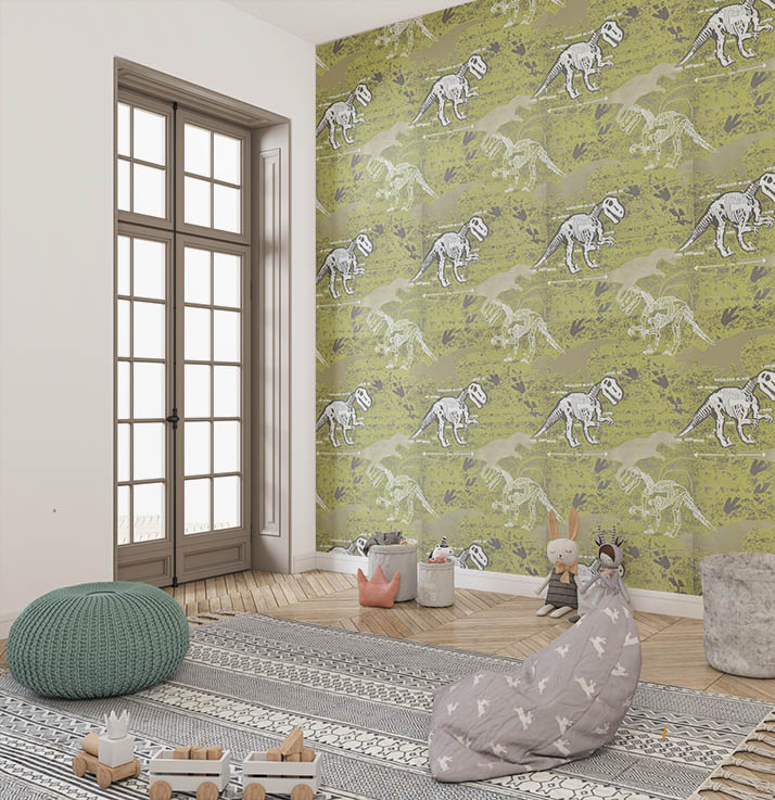 Yeşil Dinozor Desenli Dokulu Ucuz Çocuk Odası Duvar Kağıdı 53152