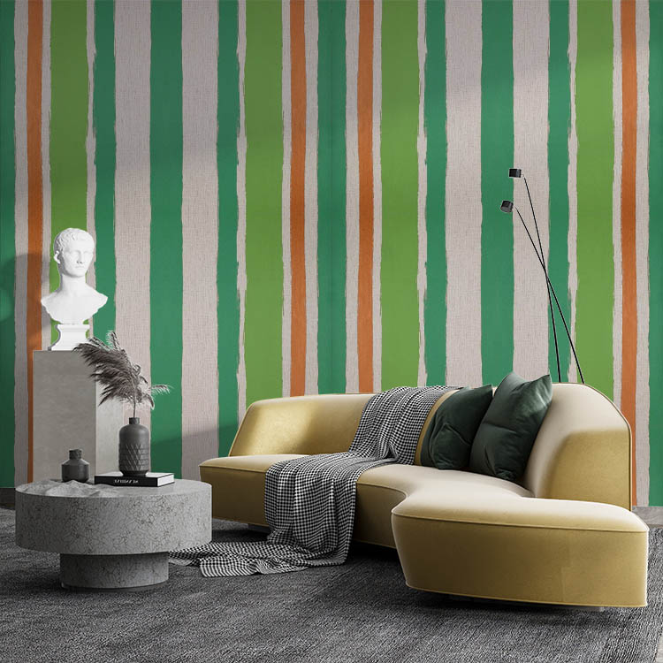 Yeşil Turuncu Krem Çizgili Ucuz Duvar Kağıdı 53396