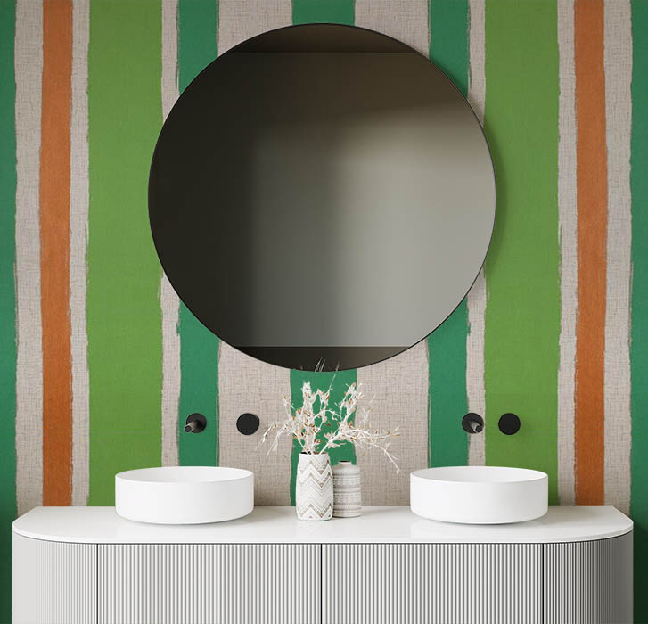 Yeşil Turuncu Krem Çizgili Ucuz Duvar Kağıdı 53396
