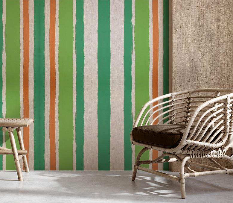 Yeşil Turuncu Krem Çizgili Ucuz Duvar Kağıdı 53396