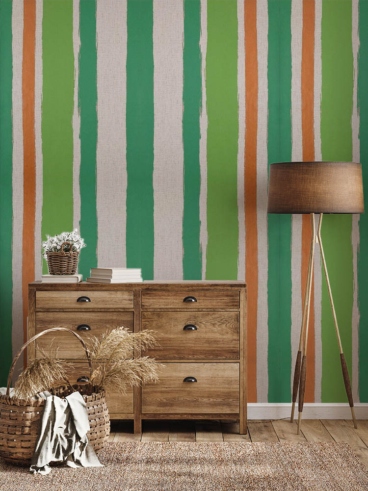 Yeşil Turuncu Krem Çizgili Ucuz Duvar Kağıdı 53396