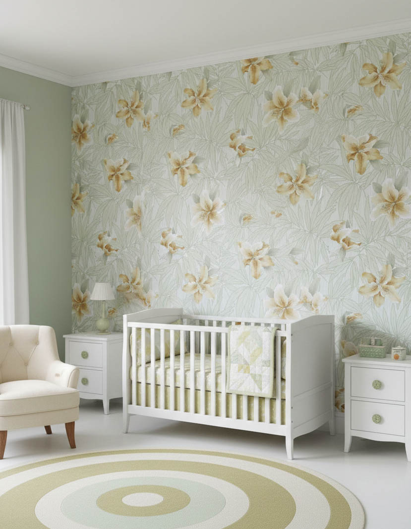 Yeşil Yapraklar Turuncu Sarı Çiçekli Tropikal Duvar Kağıdı 669541