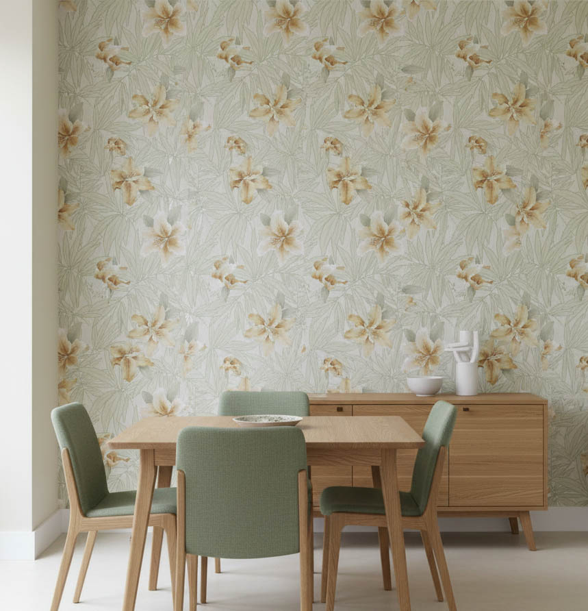 Yeşil Yapraklar Turuncu Sarı Çiçekli Tropikal Duvar Kağıdı 669541