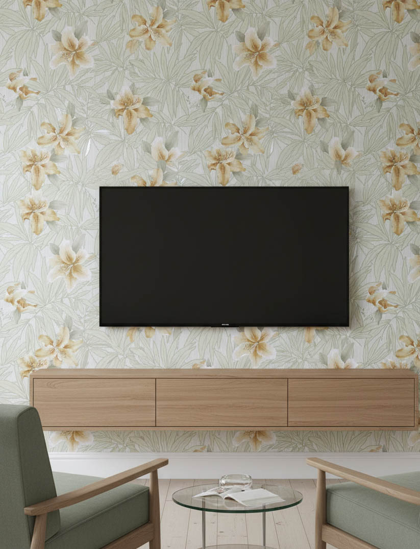 Yeşil Yapraklar Turuncu Sarı Çiçekli Tropikal Duvar Kağıdı 669541