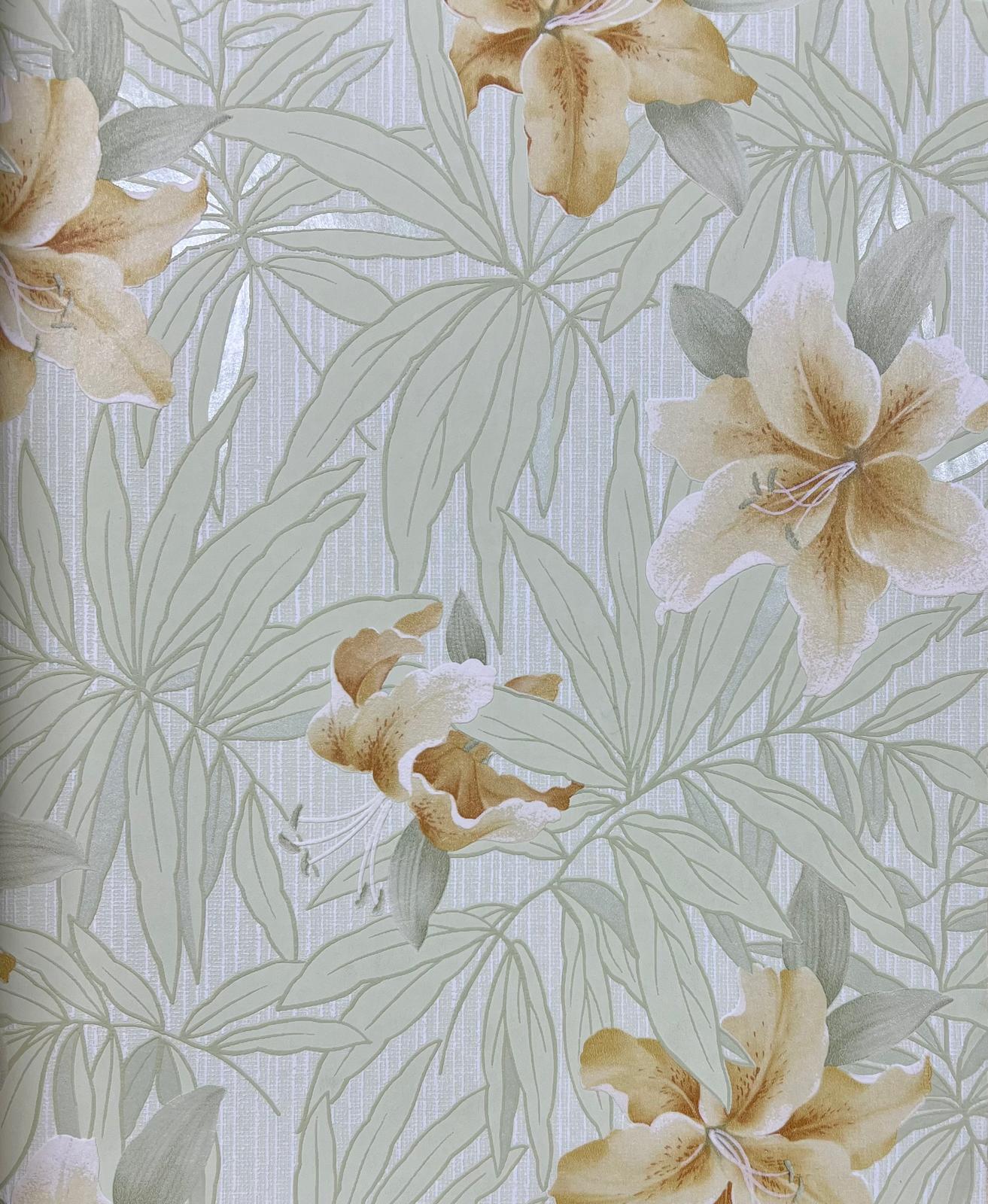 Yeşil Yapraklar Turuncu Sarı Çiçekli Tropikal Duvar Kağıdı 669541