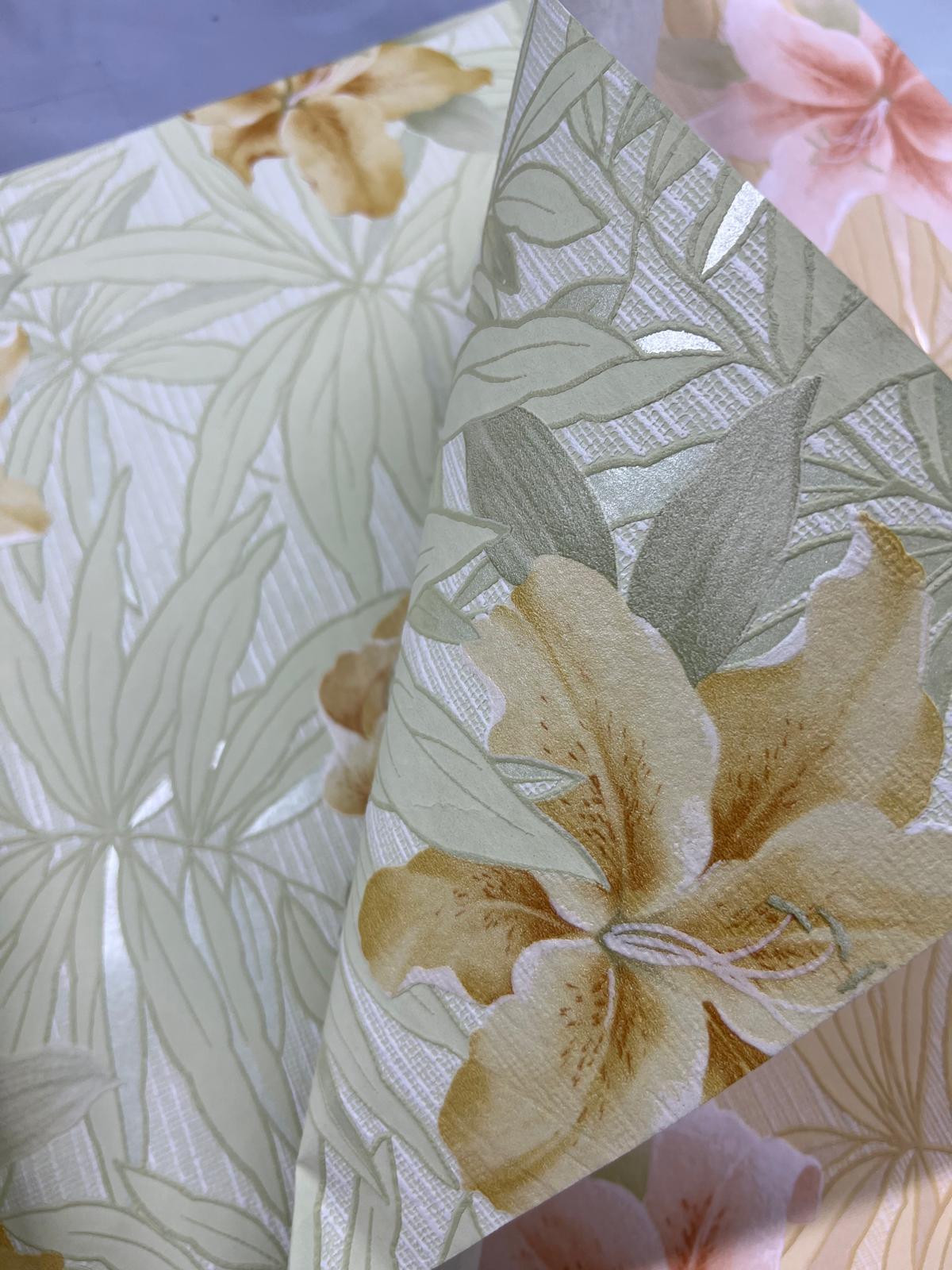 Yeşil Yapraklar Turuncu Sarı Çiçekli Tropikal Duvar Kağıdı 669541