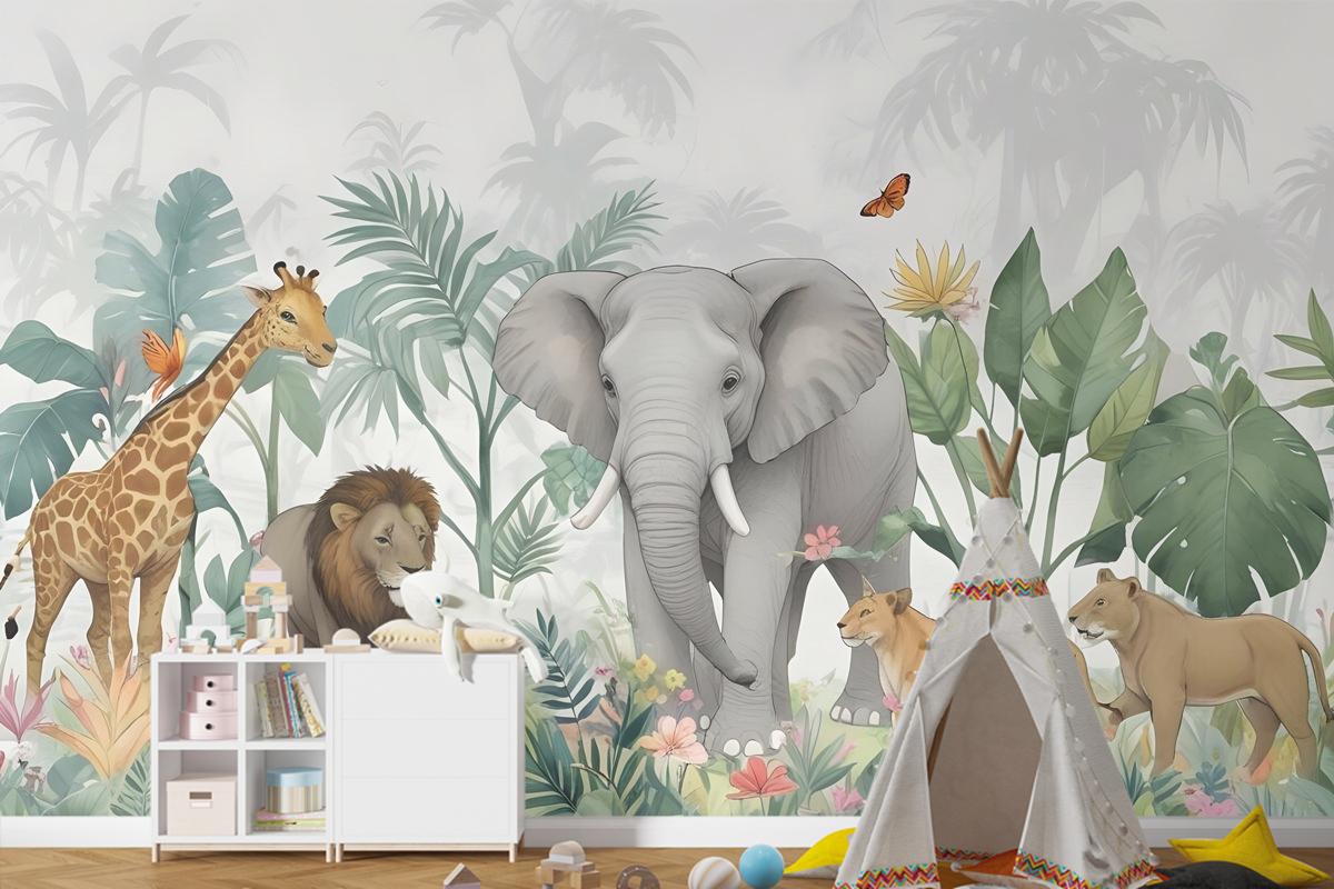 Yeşil Yapraklı Çocuklar Tropikal Safari Hayvanları Çocuk Odası Duvar Kağıdı