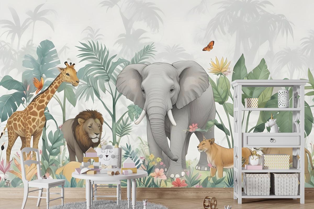Yeşil Yapraklı Çocuklar Tropikal Safari Hayvanları Çocuk Odası Duvar Kağıdı