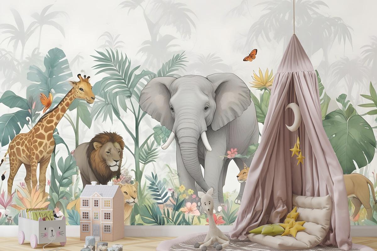 Yeşil Yapraklı Çocuklar Tropikal Safari Hayvanları Çocuk Odası Duvar Kağıdı