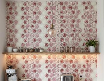 Beyaz Kırmızı Pembe Noktalı Çiçek Desen Duvar Kağıdı 111026