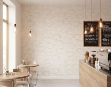 Cafe Tarzı Krem Fincanlı Ucuz Duvar Kağıdı 53701