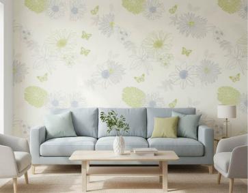 Çiçekli Kelebekli Mavi Yeşil Ucuz Duvar Kağıdı 54249