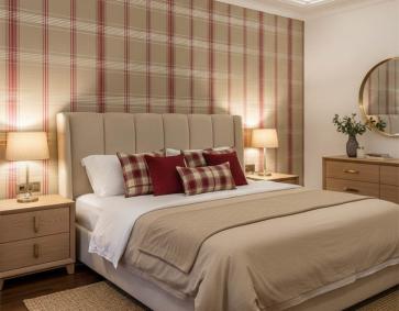 Ekose Krem Kırmızı Desen Ucuz Duvar Kağıdı 22V