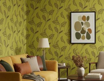 Fıstık Yeşili Yaprak Desen Ucuz Duvar Kağıdı 763546