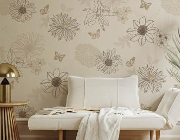 Krem Kahve Tonu Çiçek Desen Dokulu  Duvar Kağıdı 54064