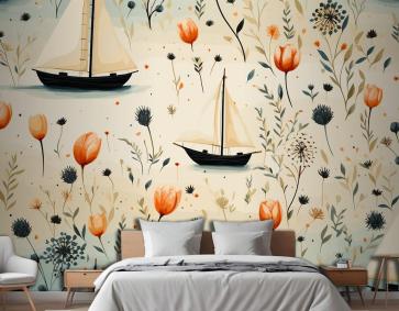 Deniz Hayvanları Bir Deniz Feneri Ve Kabuklu Bir Tekne Denizyıldızı Yatak Odası Duvar Kağıdı