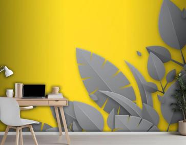 Sarı Arka Plan Ve Gri Yapraklar Ofis Duvar Kağıdı