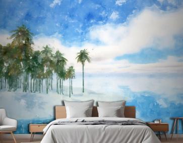 Suluboya Yaz Tropikal Yatak Odası Duvar Kağıdı