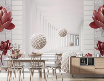 3D Kırmızı Çiçek Top Ve Tünel Duvar Kağıdı
