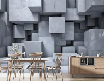 3D Görünümlü Beton Tarzı Gri Soyut Küpler Duvar Kağıdı