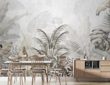 Krem Gold Tropikal Yapraklar Ve Ağaçlar Duvar Kağıdı