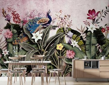 Tropikal Yapraklar Ve Tavus Kuşu Duvar Kağıdı