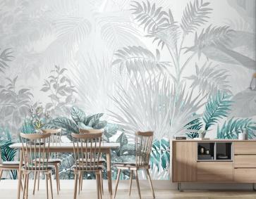 Turkuaz Tropikal Ağaçlar Ve Yapraklar Duvar Kağıdı