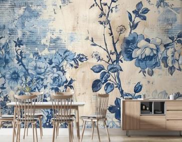 Mavi Beyaz Duvar Kağıdı Duvarında Mavi Beyaz Çiçek Baskısı Var